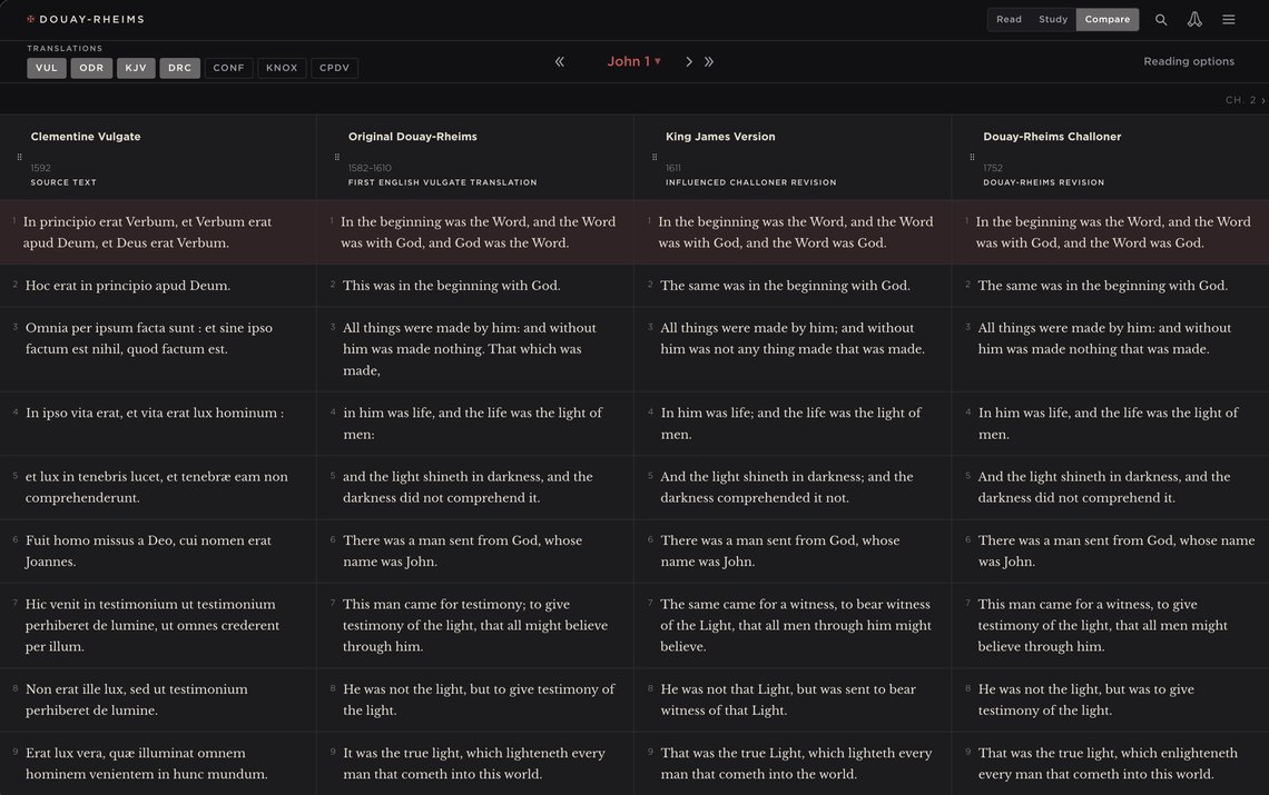 Compare mode showing John Chapter 1 across four translations side by side: Clementine Vulgate, Original Douay-Rheims, King James Version, and Douay-Rheims Challoner, with row highlight on hover