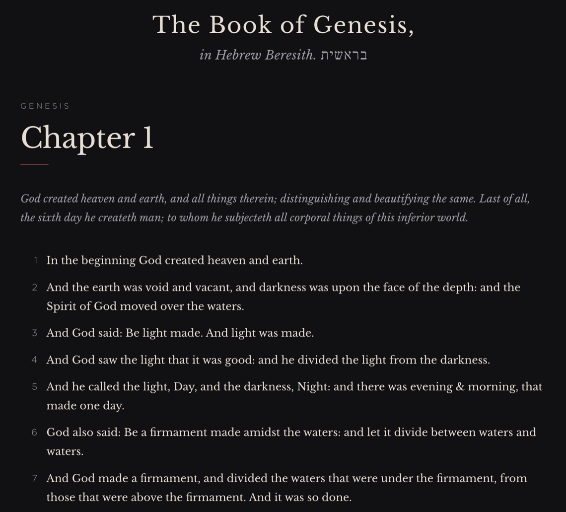 The Douay-Rheims Bible website showing Genesis Chapter 1