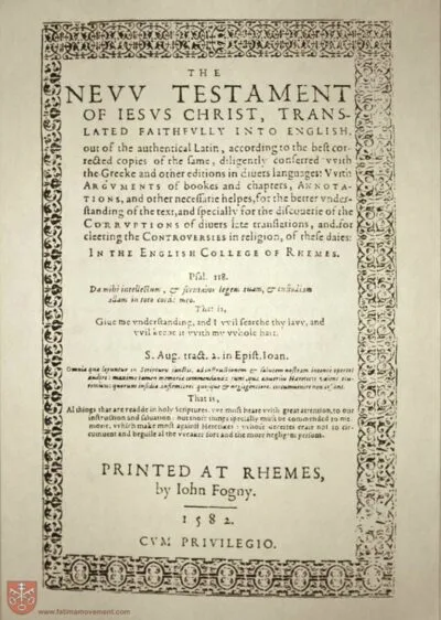 Title page of the Rheims New Testament (1582): 'The New Testament of Jesus Christ, translated faithfully into English out of the authentical Latin... Printed at Rhemes, by Iohn Fogny. 1582.'