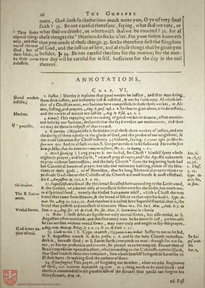 Page from the 1582 Rheims New Testament showing the Gospel text with dense theological annotations in the margins and below the text
