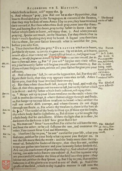 Page from the 1582 Rheims New Testament showing Matthew 6, with 'supersubstantial bread' in the text and Latin annotations in the margin